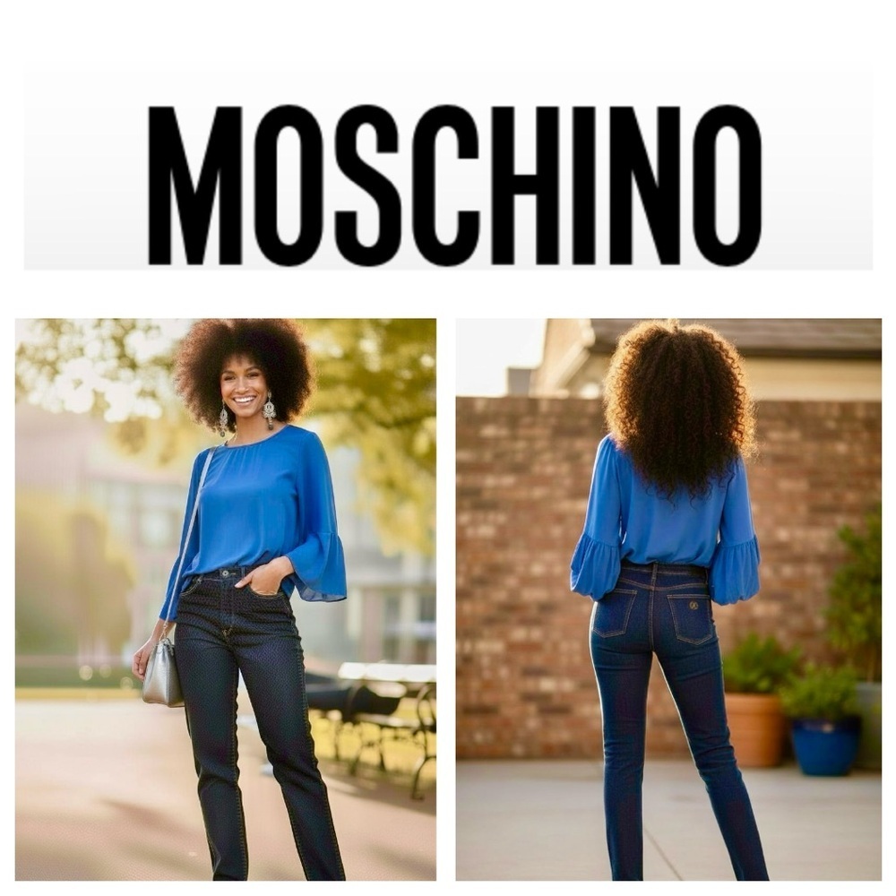 Moschino Women's Dark Blue Denim Peace Boot Cut Jeans 34